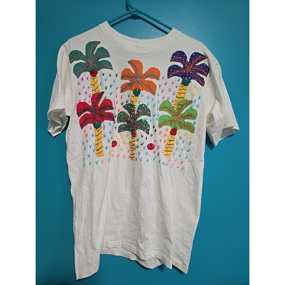 Vintage Mens Size Large El Condor Palm Tree T Shirt Hand Stitched White Beach